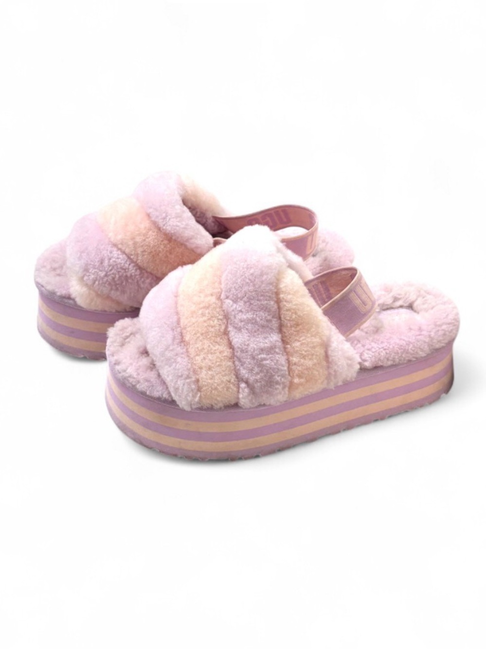 UGG Disco Stripe Pastel Fuzzy Platform Sandals Slides Women’s Size 9